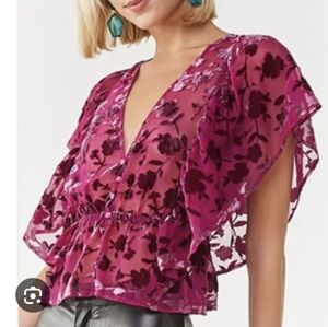 Forever 21 Magenta Pink Crushed Velvet Flutter Sleeve Blouse with Tie Back S